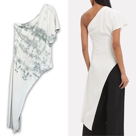 CUSHNIE One Shoulder Tie Dye‎ Short Sleeve Draped Asymmetrical Tunic Blouse 10 - Picture 3 of 11